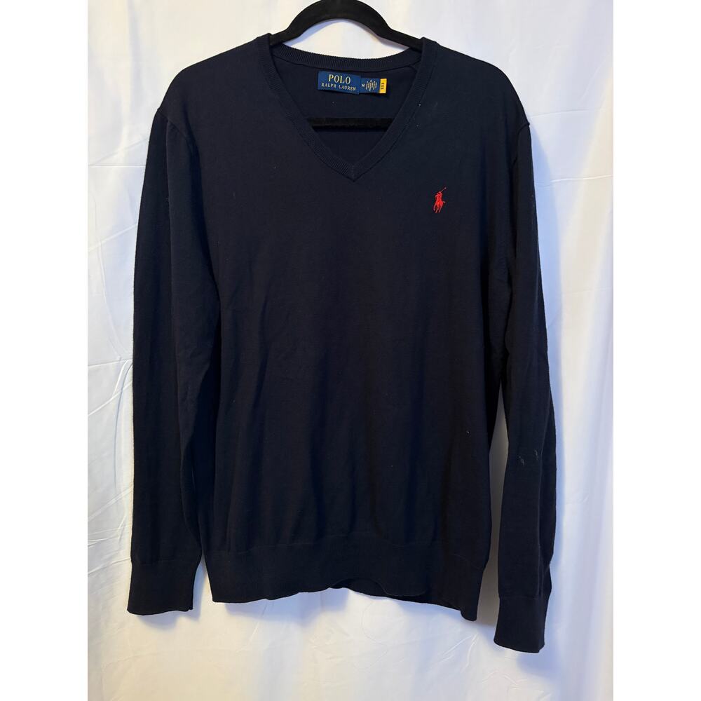 Polo Ralph Lauren V-Neck Cotton Sweater Navy Blue Men's Sz M